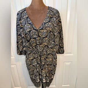 Michael Kors Black and Gold Paisley Tunic Top Dress 100% Silk Size 1X